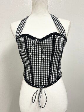 Danielle Guizio Black Gingham Printed Corseted Halter Top NWT Size XS